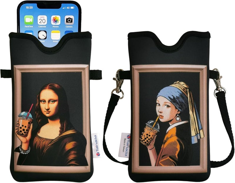 Tainada Women Neoprene Phone Sleeve Pouch Case Bag w/Crossbody Strap/Neck Lanyard for iPhone 17/16/15 Pro Max, Air, 16/15 Plus, 16e, Samsung S25+, S25, S24, A56, Z Fold7 (Funny Famous Paintings Boba) - Image 1